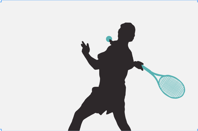 The finished silhouette: person in dark with teal racket and ball added in Figma
